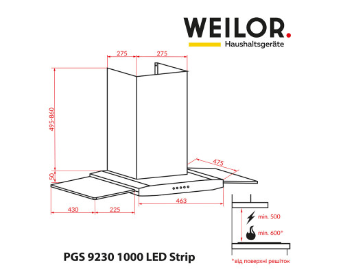 Декоративна витяжка зі склом WEILOR PGS 9230 IG 1000 LED Strip ( УТ000000498 )