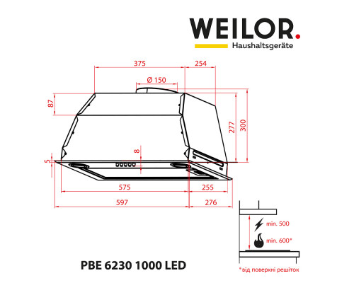 Витяжка повновбудована WEILOR PBE 6230 SS 1000 LED ( УТ000000488 )