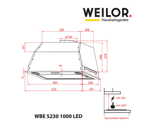 Витяжка повновбудована WEILOR WBE 5230 SS 1000 LED ( УТ000000510 )