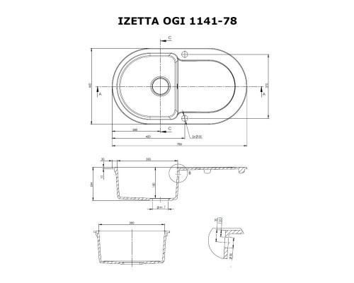 Мийка кухонна гранітна Perfelli IZETTA OGI 1141-78 GREY METALLIC ( 00000010470 )