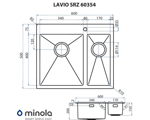 Мийка кухонна нержавіюча сталь Minola LAVIO SRZ 60354 ( УТ000002206 )