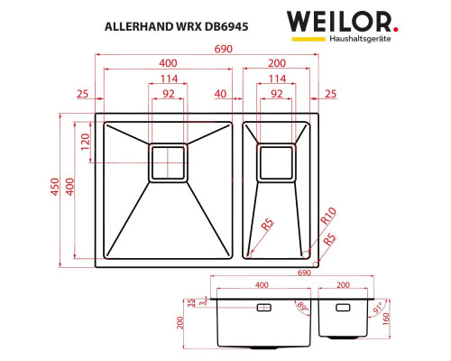 Мийка кухонна нержавіюча сталь WEILOR ALLERHAND WRX DB6945