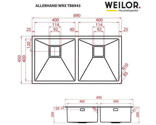 Мийка кухонна нержавіюча сталь WEILOR ALLERHAND WRX TB8945 ( УТ000002222 )
