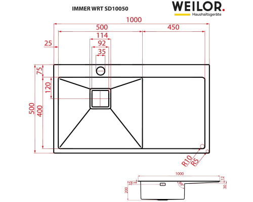 Мойка кухонная нержавеющая сталь Weilor IMMER WRT SD10050 ( УТ000002237 )